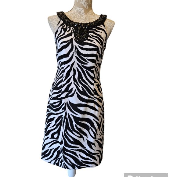 Connected apparel- Womens Black and White Zebra Pint Sheath Dress size 6 - Picture 1 of 7